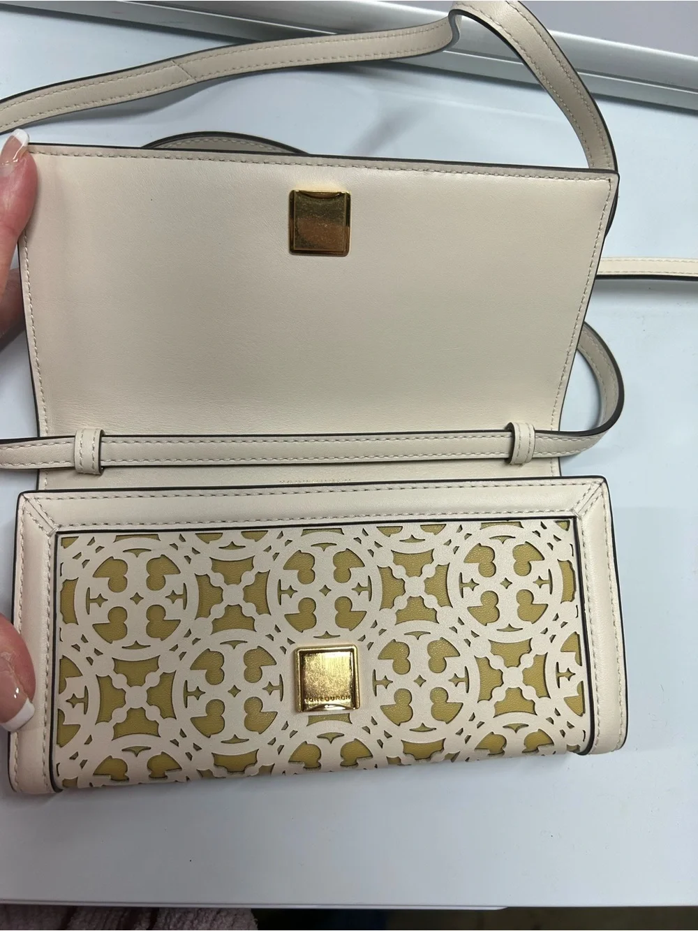Tory Burch Laser-Cut T Monogram Crossbody in New Ivory and Beeswax